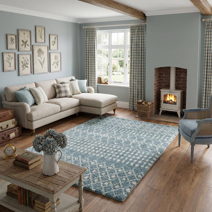 Shaggy blue rug High Quality Elegant Moroccan Pattern