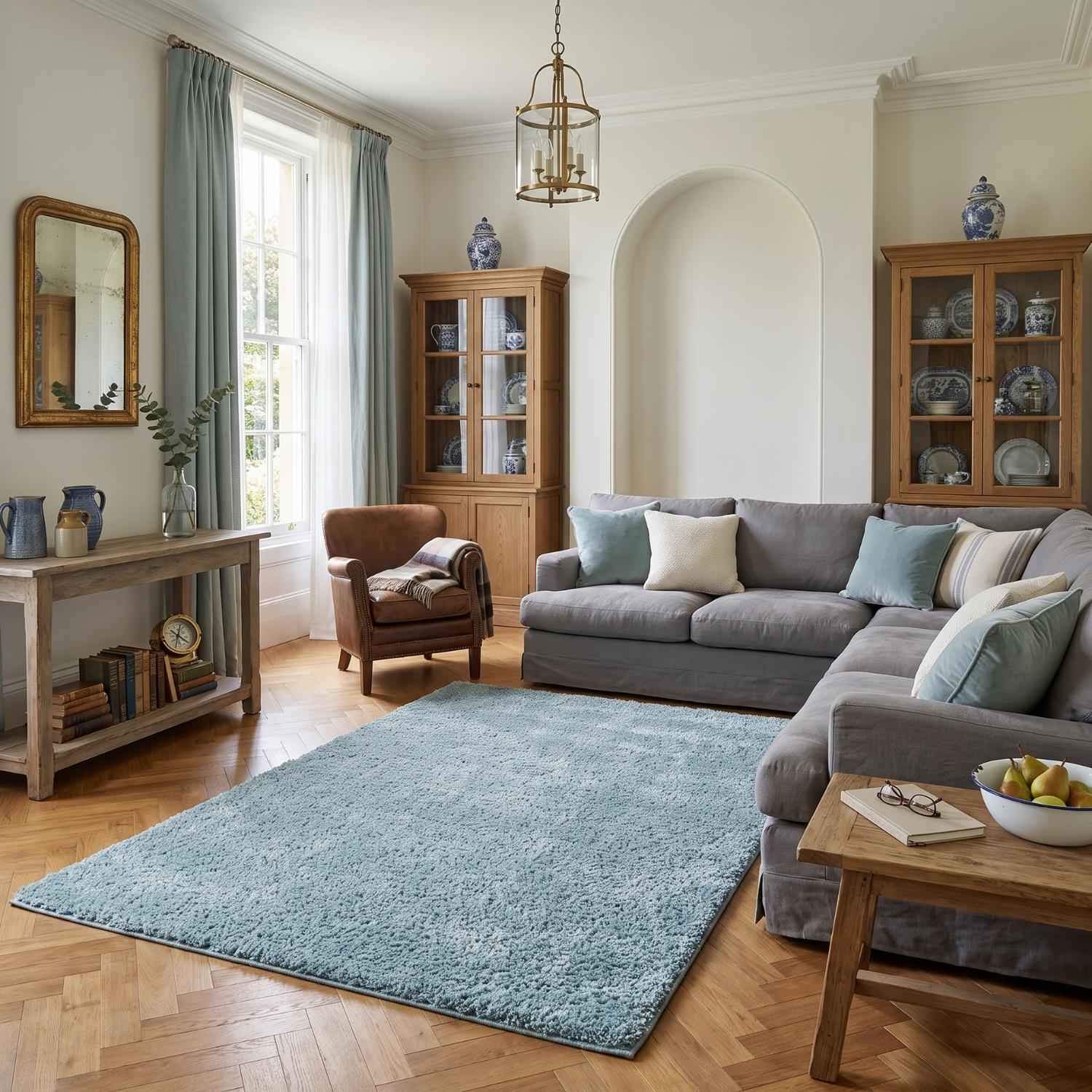 Shaggy duck egg blue rug high quality, thick pile 30 mm, easy to clean.