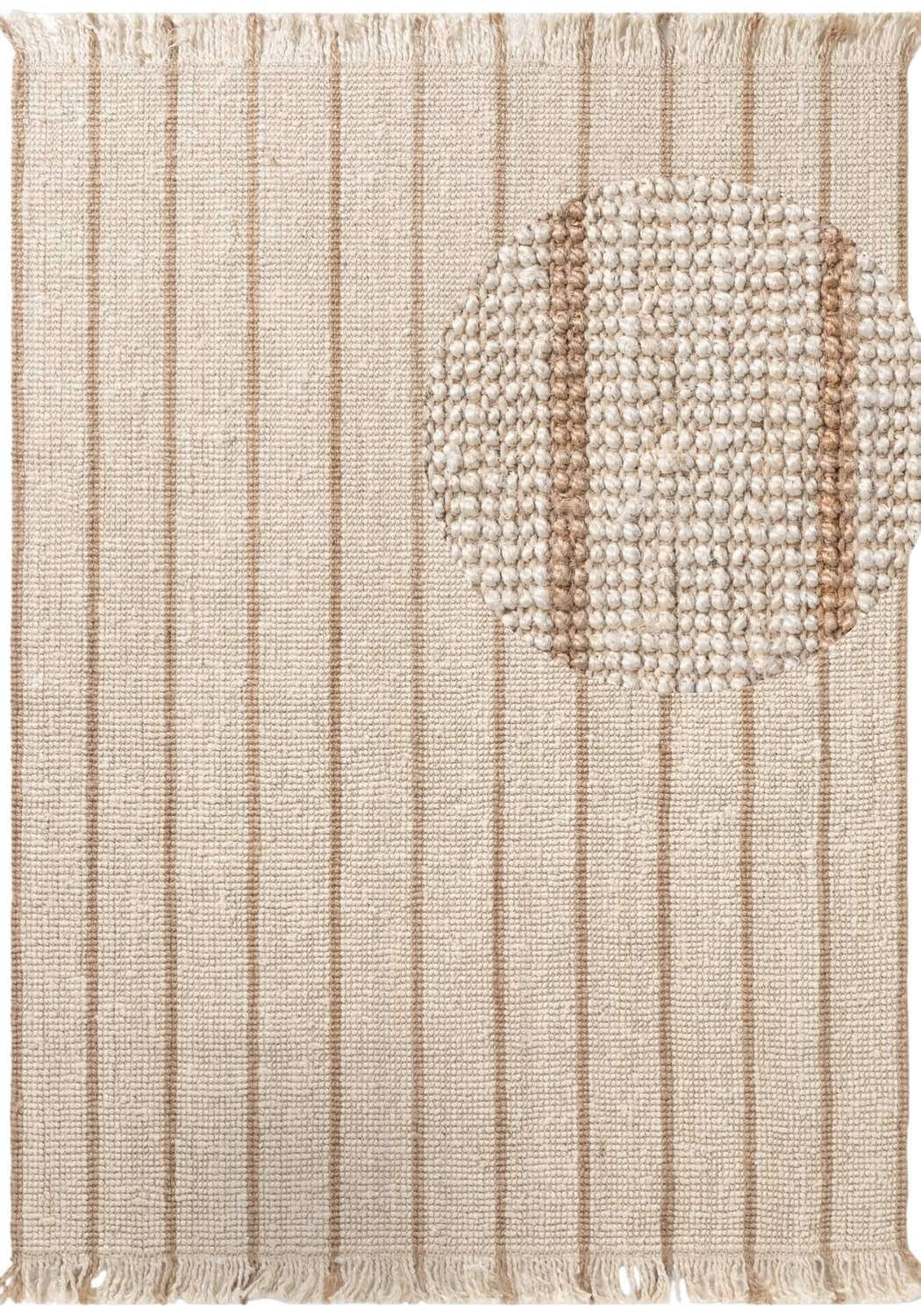 Textured beige rug with vertical stripes on a white background
