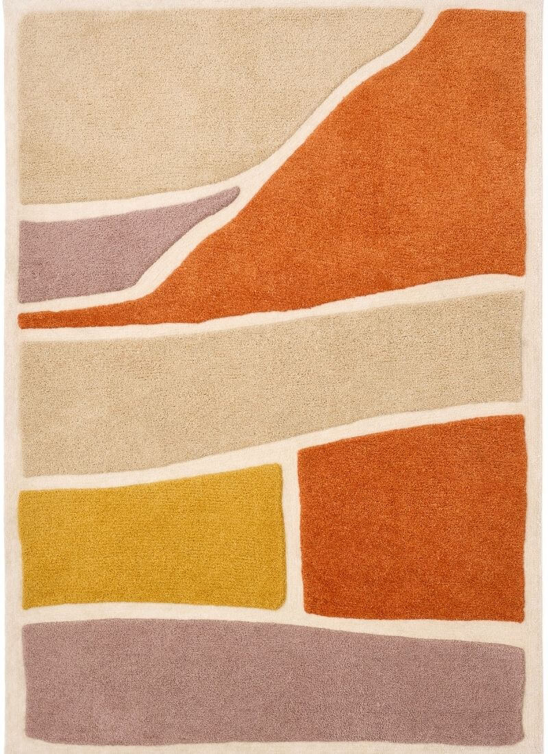 Strata abstract rug featuring warm Terra and soft Pink/Grey colors with a deep, soft pile texture.