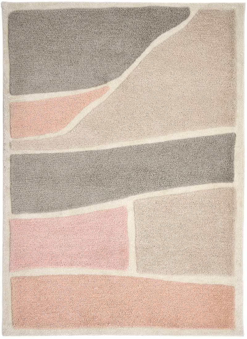 Strata Abstract Rug in soft Pink and Grey, featuring a luxurious deep pile and modern geometric design.