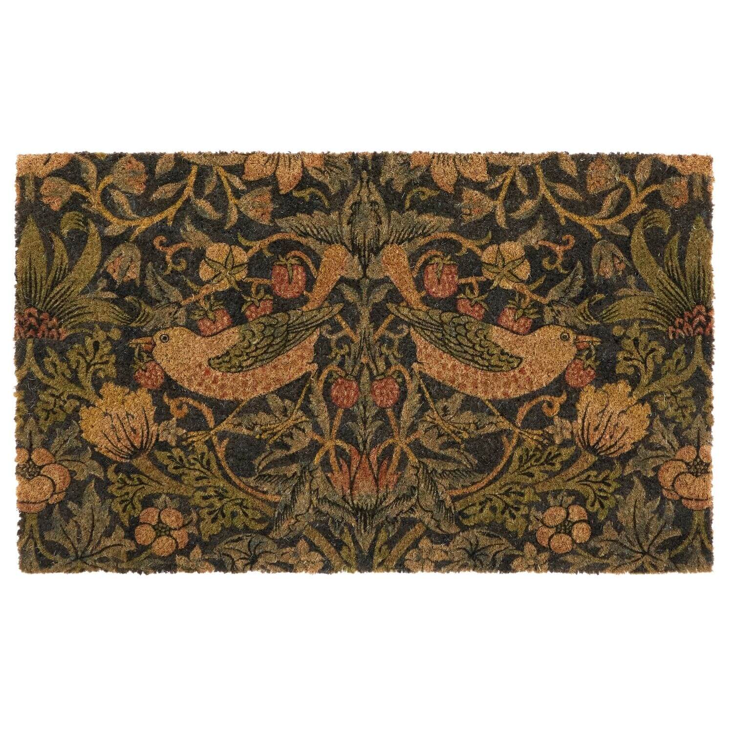 Decorative doormat with bird and floral pattern on a white background