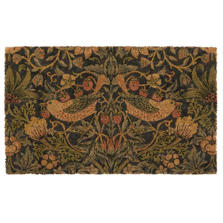 Decorative doormat with bird and floral pattern on a white background