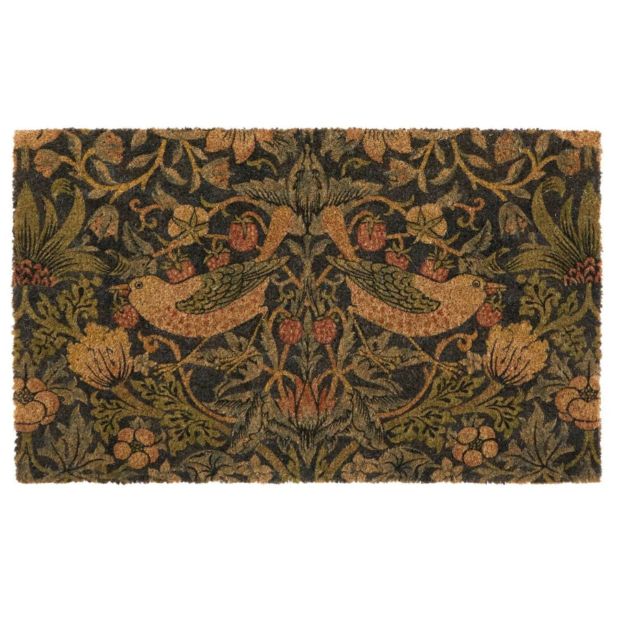 Decorative doormat with bird and floral pattern on a white background