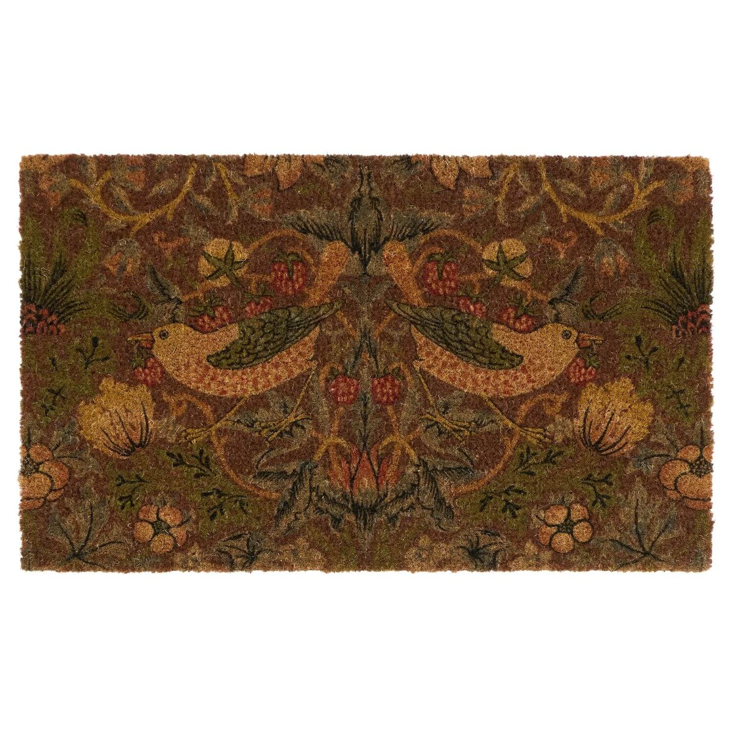 Decorative rug with floral and bird pattern on a white background