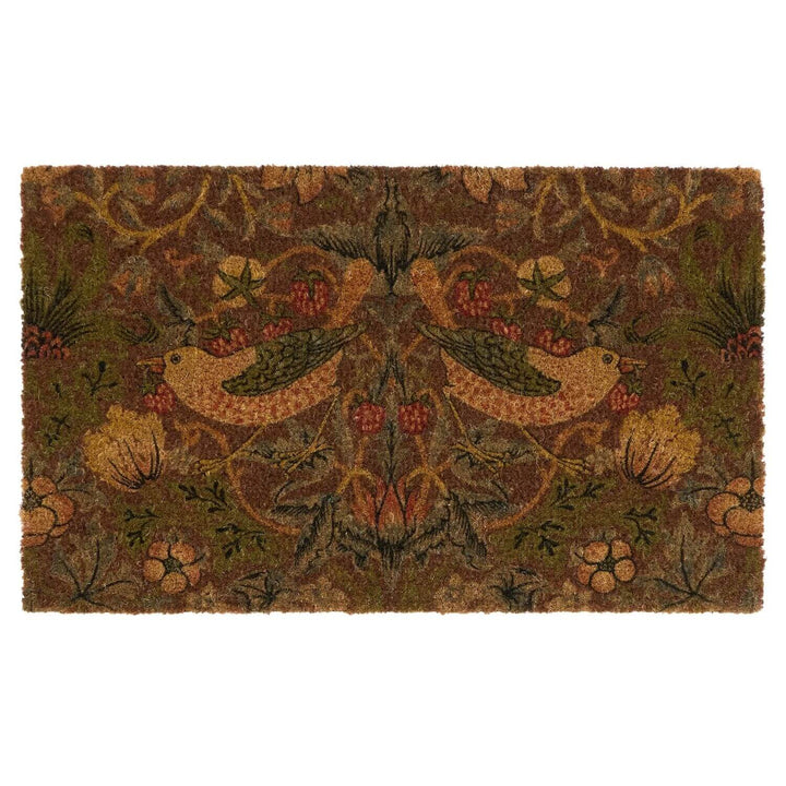 Decorative rug with floral and bird pattern on a white background