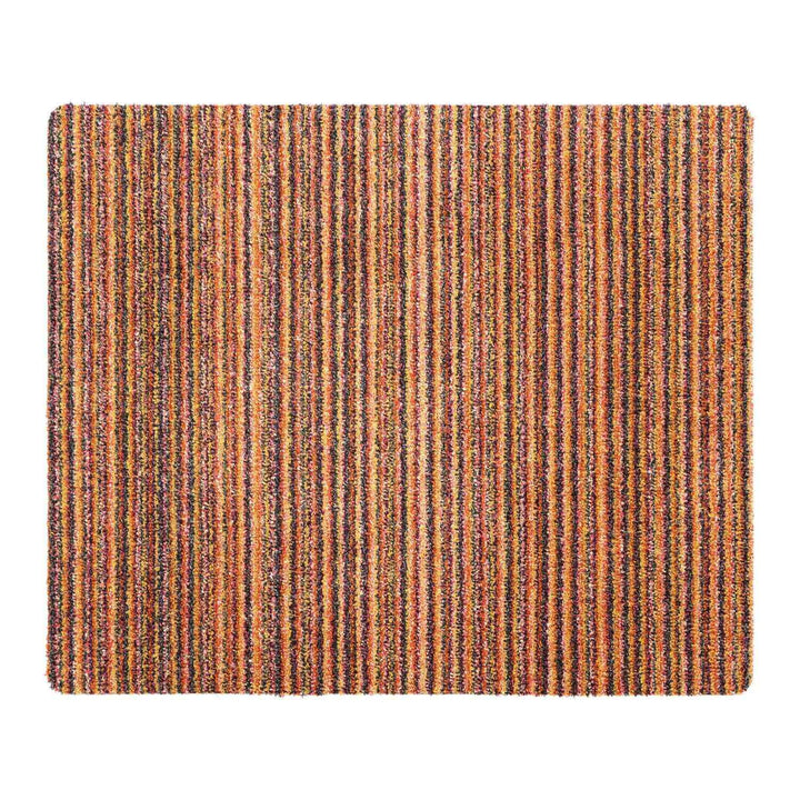 Striped rug with brown and orange pattern on a white background