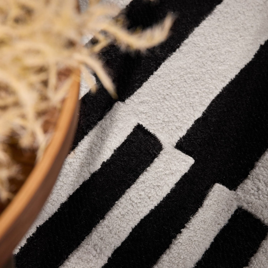 Close-up of a textured black and white rug with a plant in the corner.