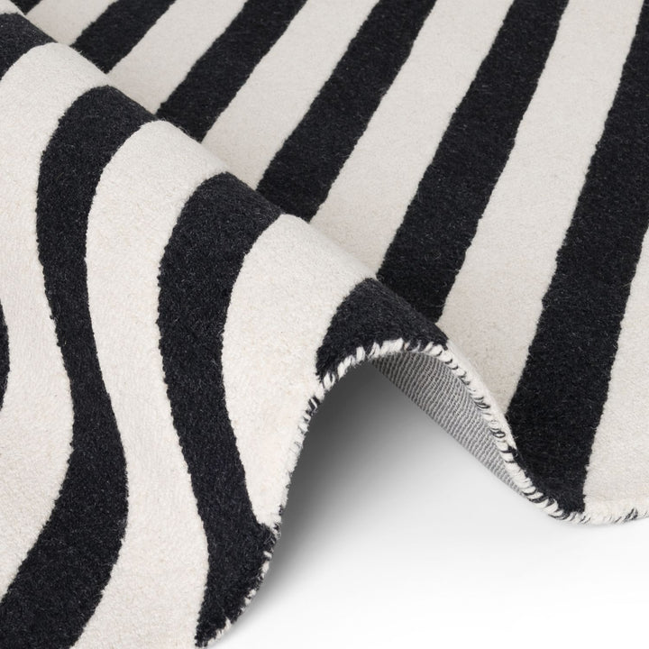 Close-up of a black and white striped rug with a fringed edge.
