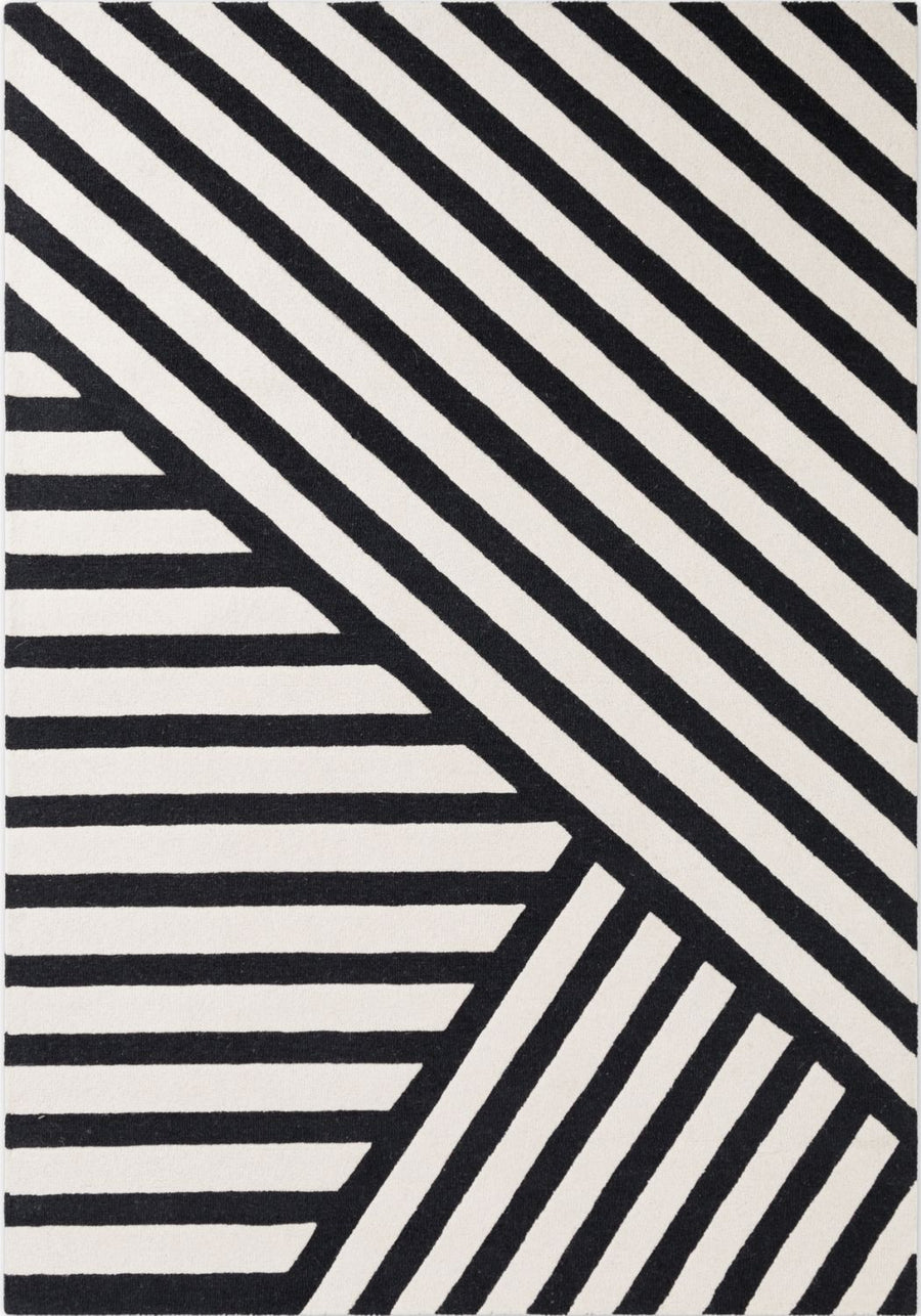 Black and white striped pattern on a geometric background