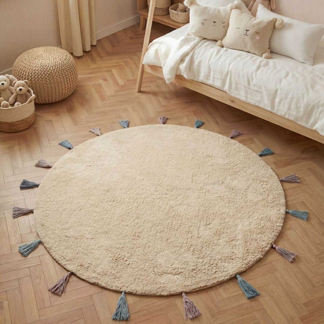 Round beige rug with tassels on a wooden floor in a bedroom setting.