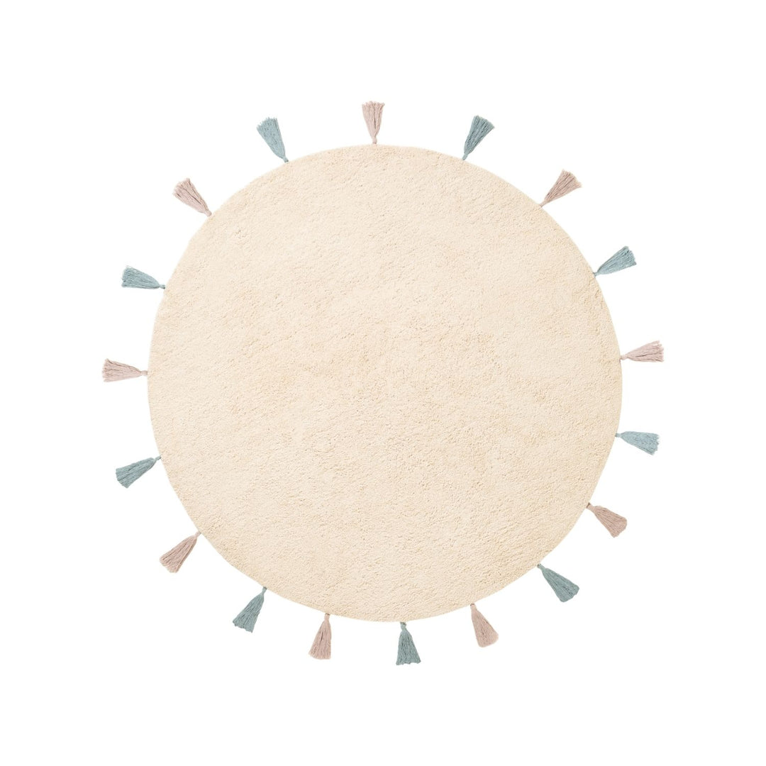 Round beige rug with colorful tassels on a white background