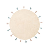 Round beige rug with colorful tassels on a white background