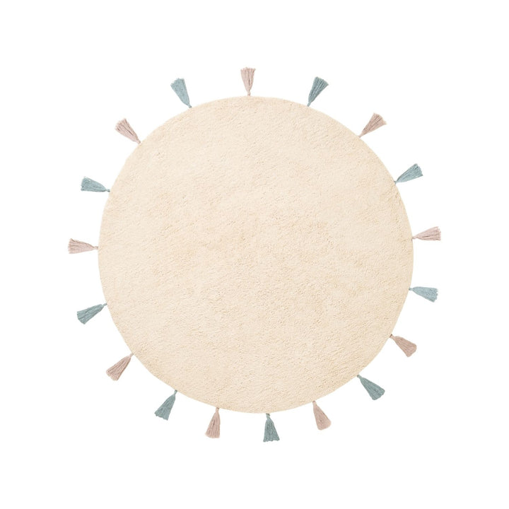 Round beige rug with colorful tassels on a white background