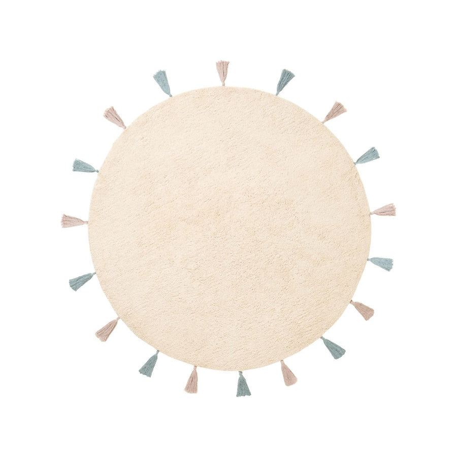 Round beige rug with colorful tassels on a white background