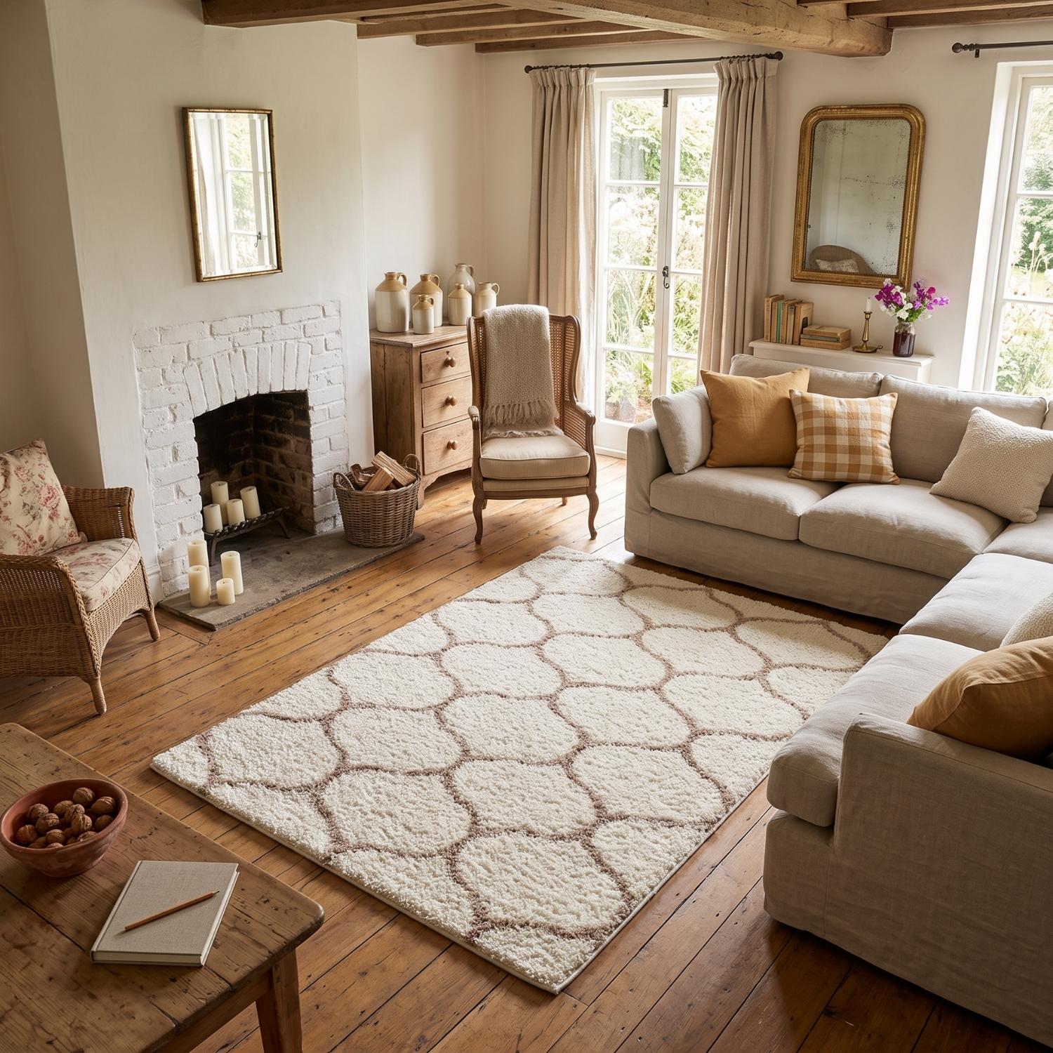 Trellis Design Thick Shaggy Area Rugs Ivory Beige