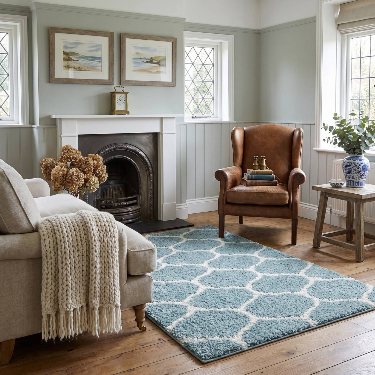 Trellis Design Thick Shaggy Area Rugs Duck Egg Blue