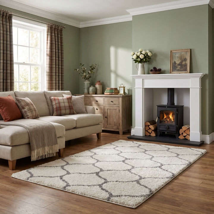 Trellis Design Thick Shaggy Area Rugs Ivory, eco-friendly, easy to care.
