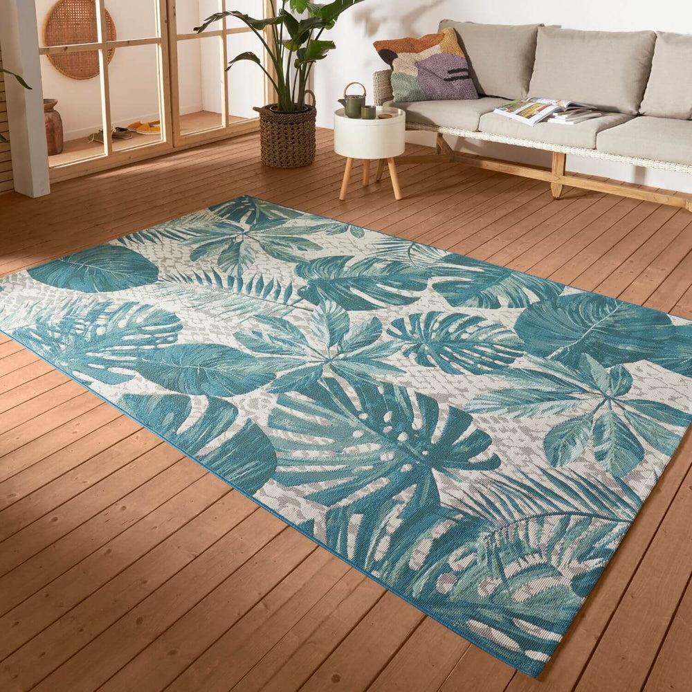 Indoor Outdoor Carpet Tropical Leaves Turquoise