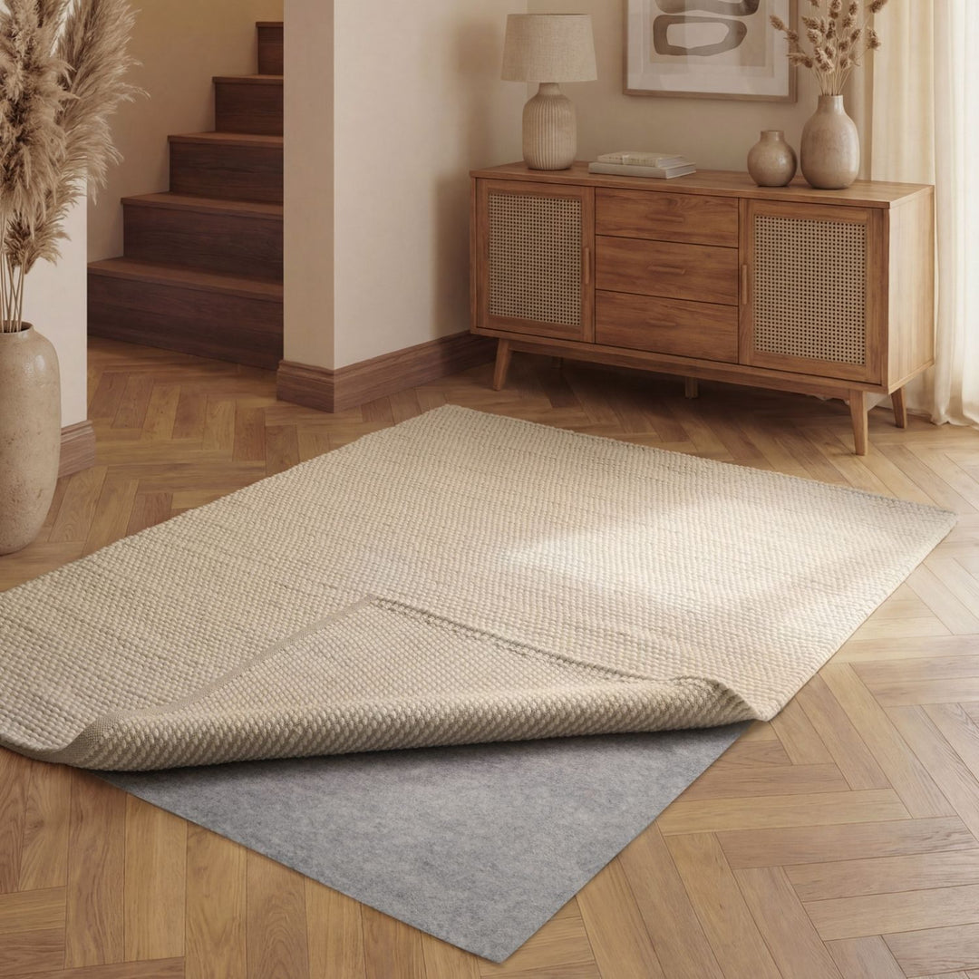 Beige rug on a wooden floor with a wooden cabinet in the background