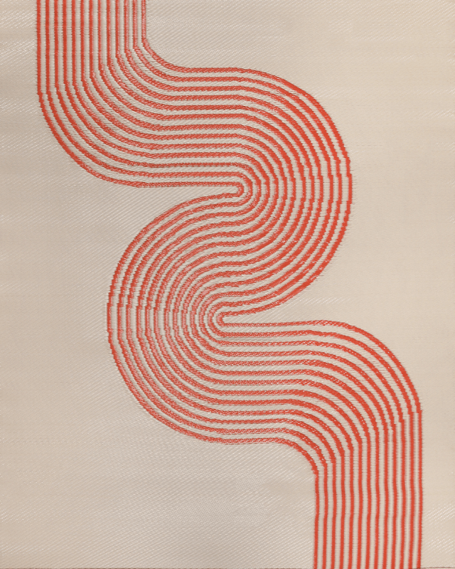 Abstract red and beige textile pattern with curved lines and geometric design.