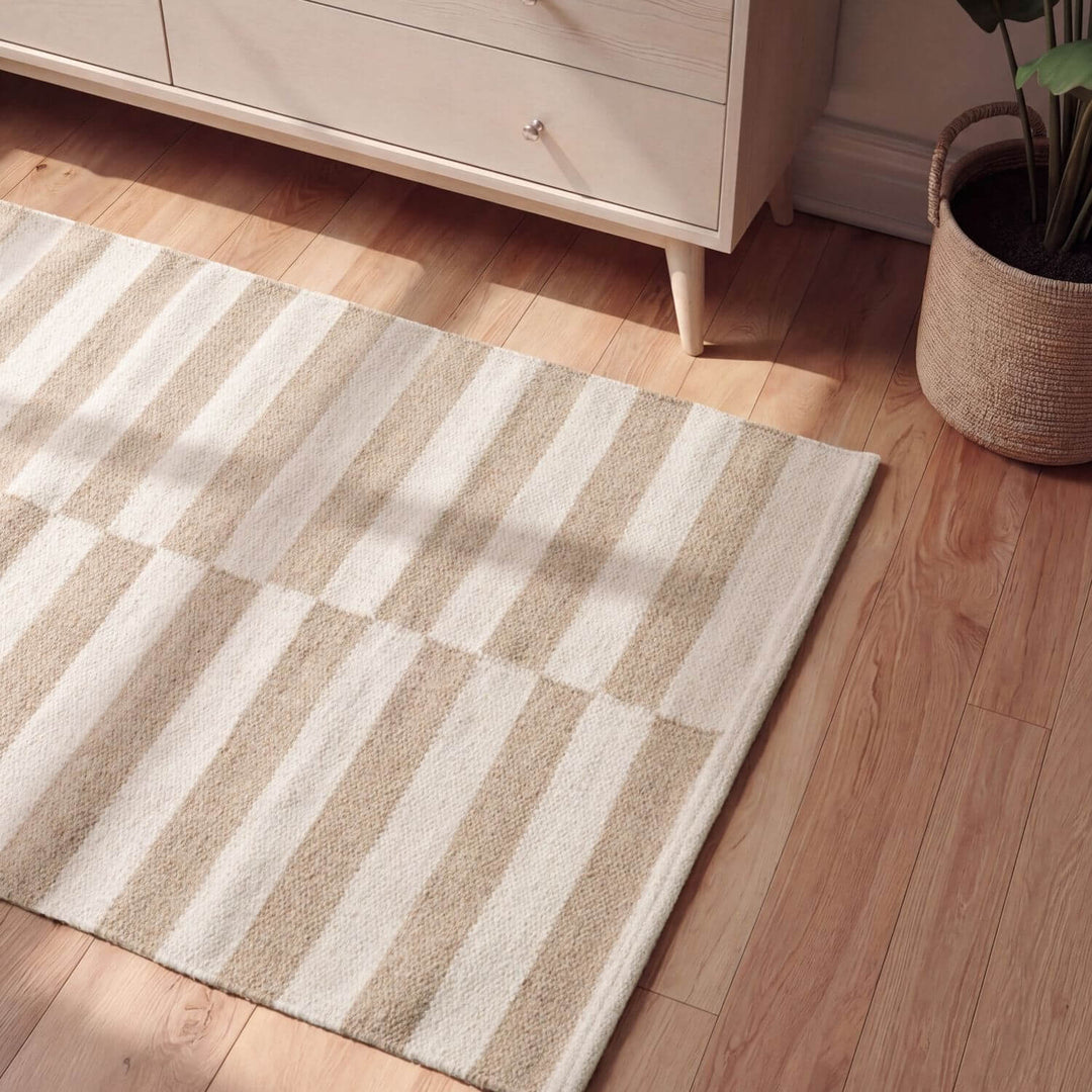 Vika Beige colour wool rug, textured pile, reversible rug, eco-friendly, hand-made rug.