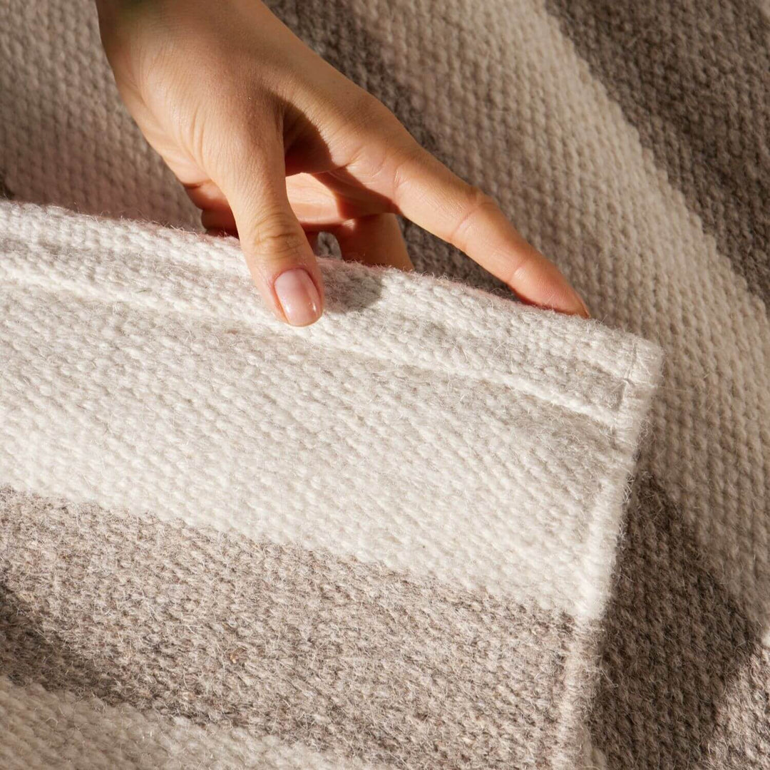 Vika Grey wool rug, striped design, reversible, underfloor heating, hand-woven, easy-care rug.