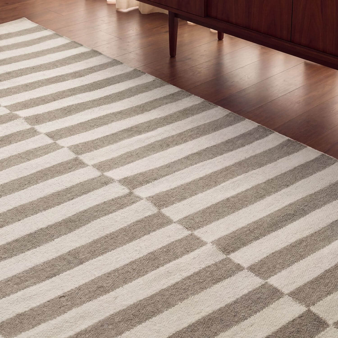 Vika Grey wool rug, striped design, reversible, underfloor heating, hand-woven, easy-care rug.