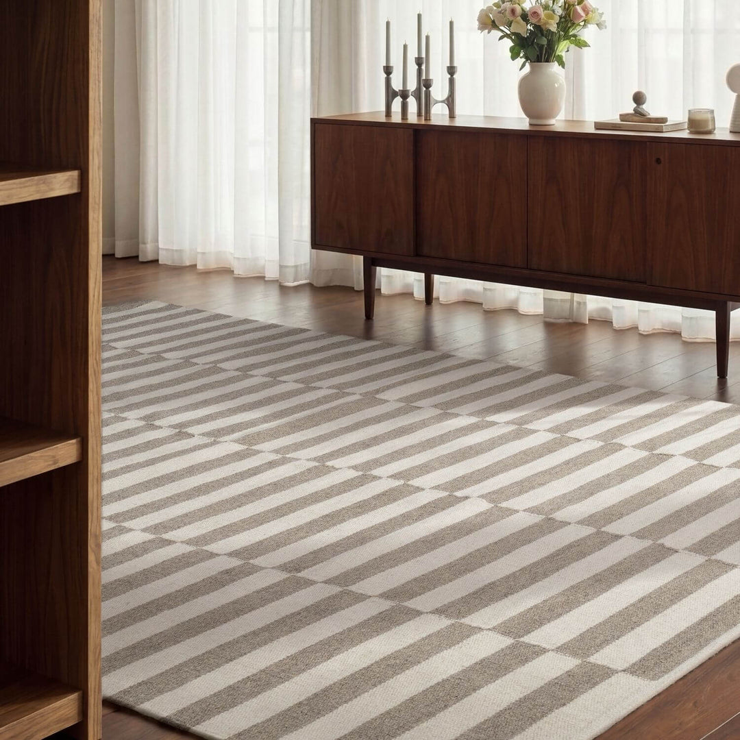 Vika Grey wool rug, striped design, reversible, underfloor heating, hand-woven, easy-care rug.