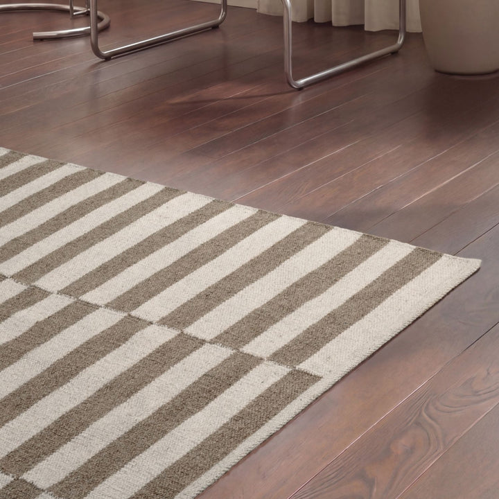 Vika Grey wool rug, striped design, reversible, underfloor heating, hand-woven, easy-care rug.