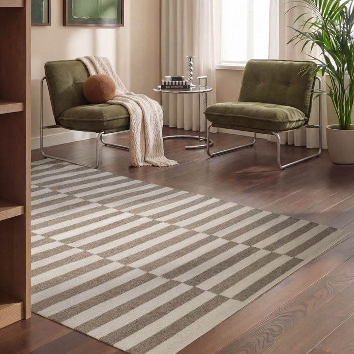 Vika Grey wool rug, striped design, reversible, underfloor heating, hand-woven, easy-care rug.