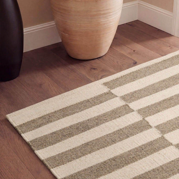 Vika Grey wool rug, striped design, reversible, underfloor heating, hand-woven, easy-care rug.