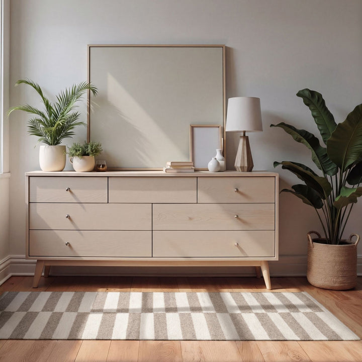 Vika Grey wool rug, striped design, reversible, underfloor heating, hand-woven, easy-care rug.