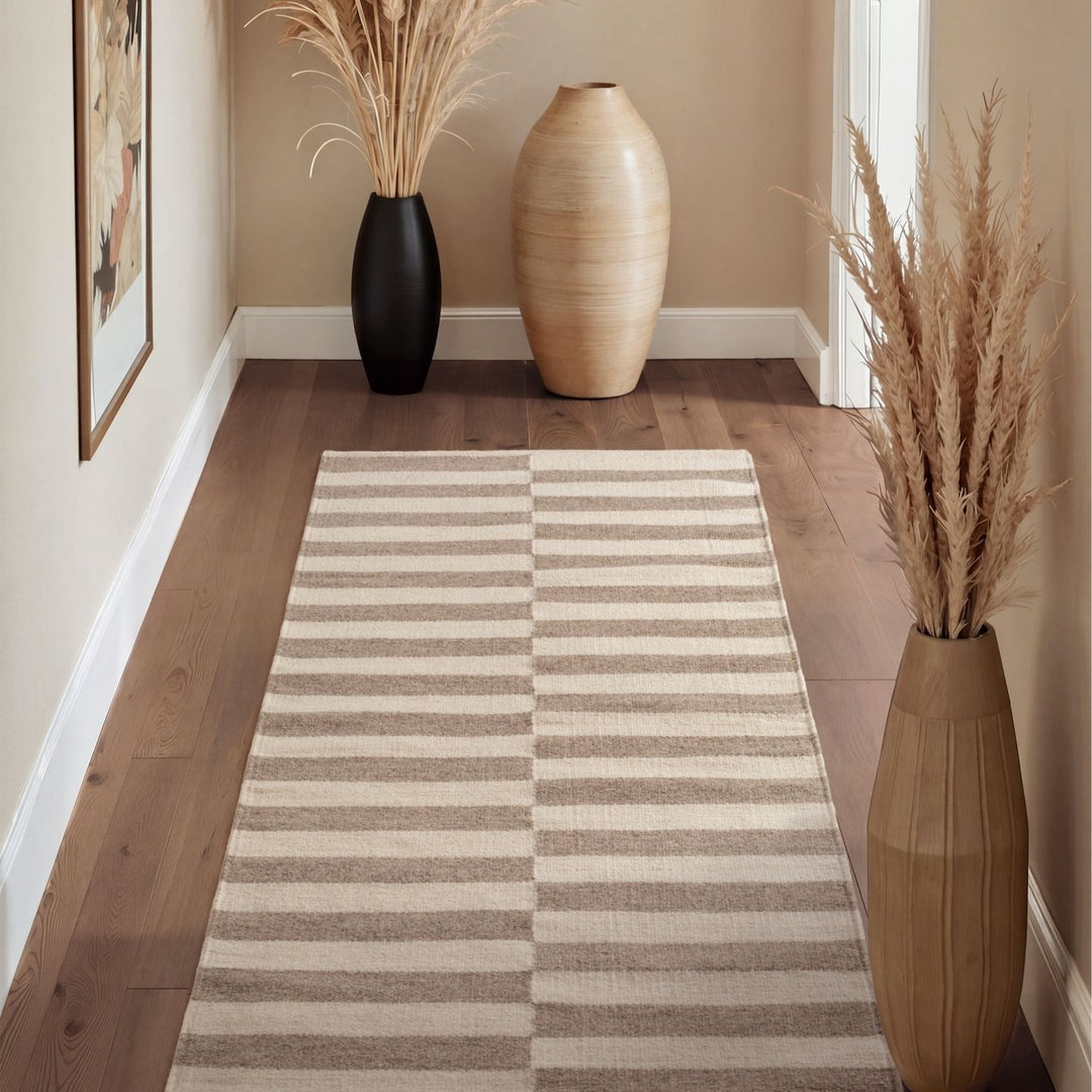 Vika Grey wool rug, striped design, reversible, underfloor heating, hand-woven, easy-care rug.