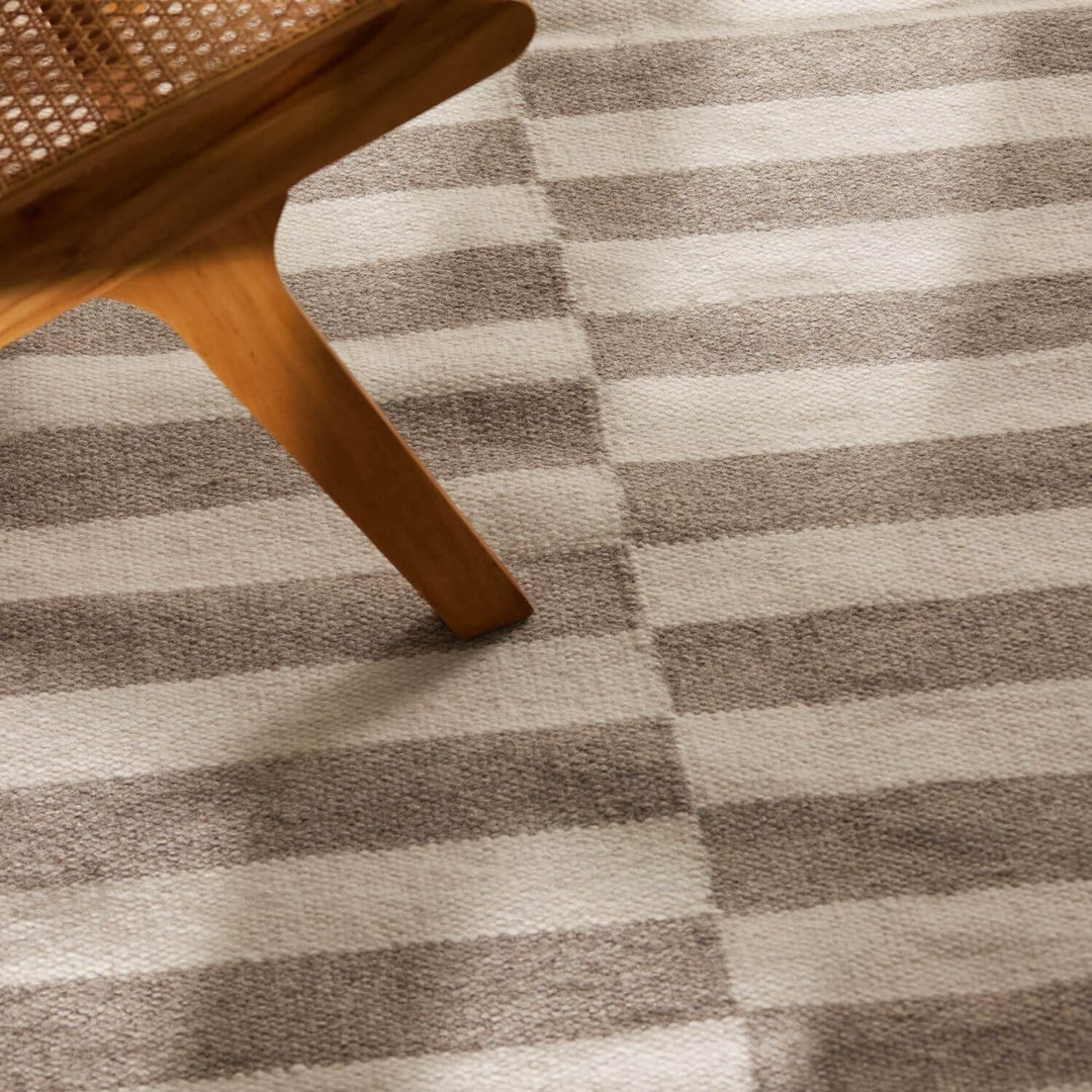Vika Grey wool rug, striped design, reversible, underfloor heating, hand-woven, easy-care rug.