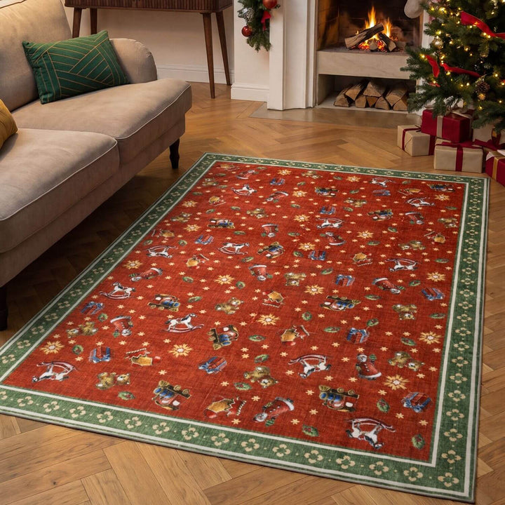 Red green colours rug, christmas, playfull design, non-slip, ideal for every room, soft durable materials.