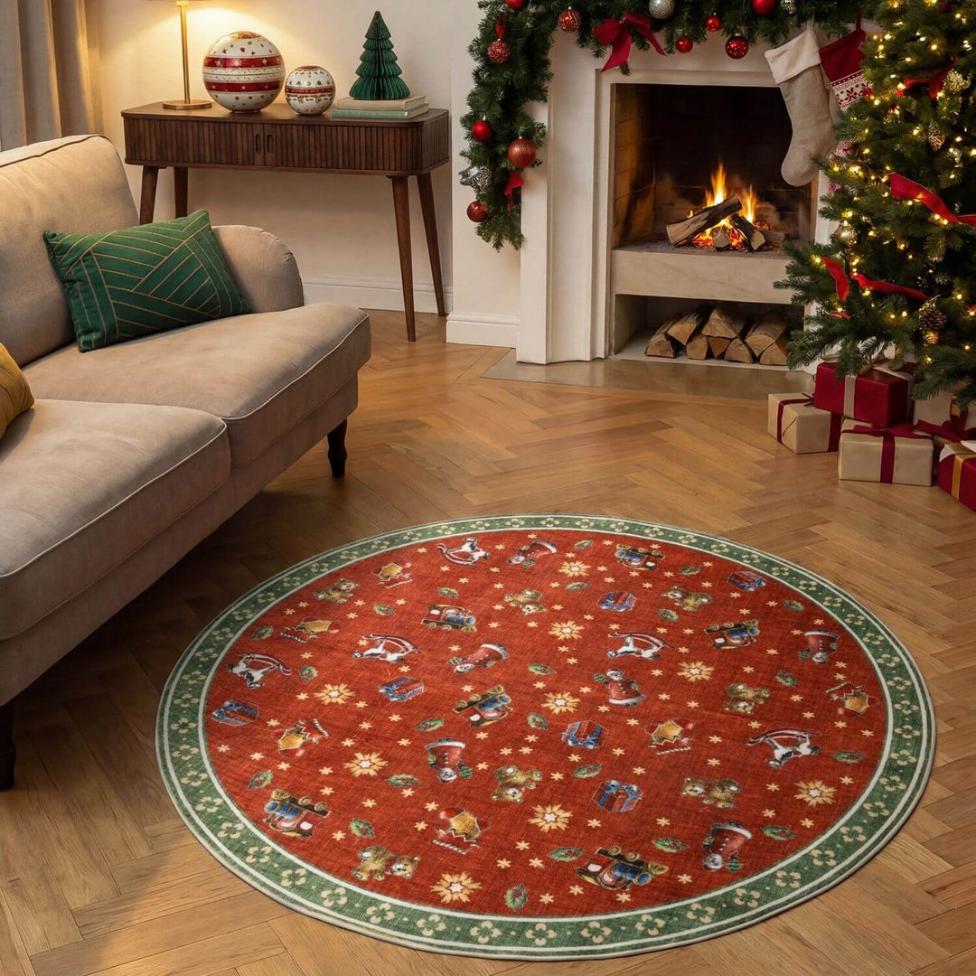Red green colours rug, christmas, playfull design, non-slip, ideal for every room, soft durable materials.