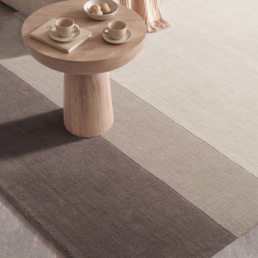 Wool Rug, cream brown colours, hand-made, thick pile rug, vacuum friendly.