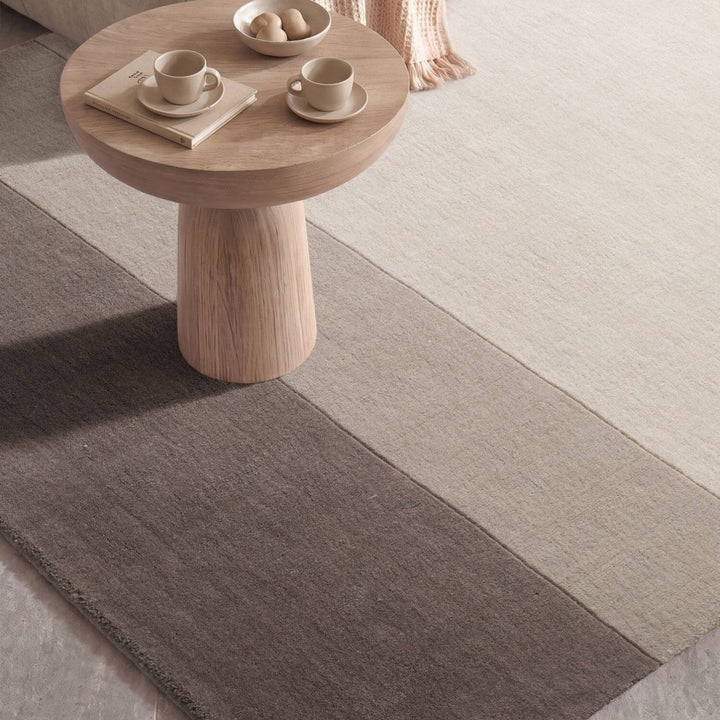 Wool Rug, cream brown colours, hand-made, thick pile rug, vacuum friendly.