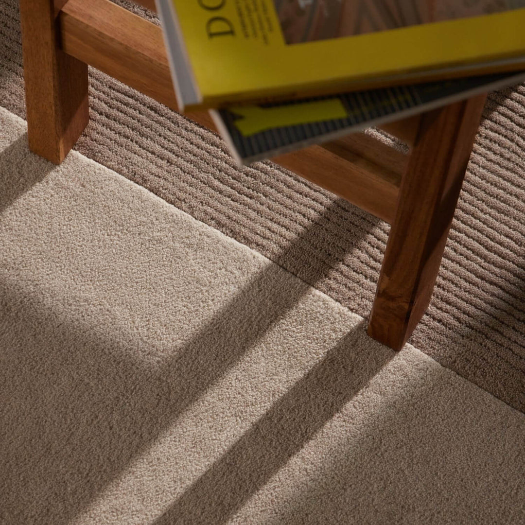 Wool rug, cream beige colours, striped design, cotton backing, hand-crafted, easy care.