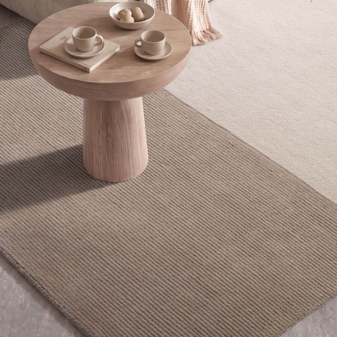 Wool rug, cream beige colours, striped design, cotton backing, hand-crafted, easy care.
