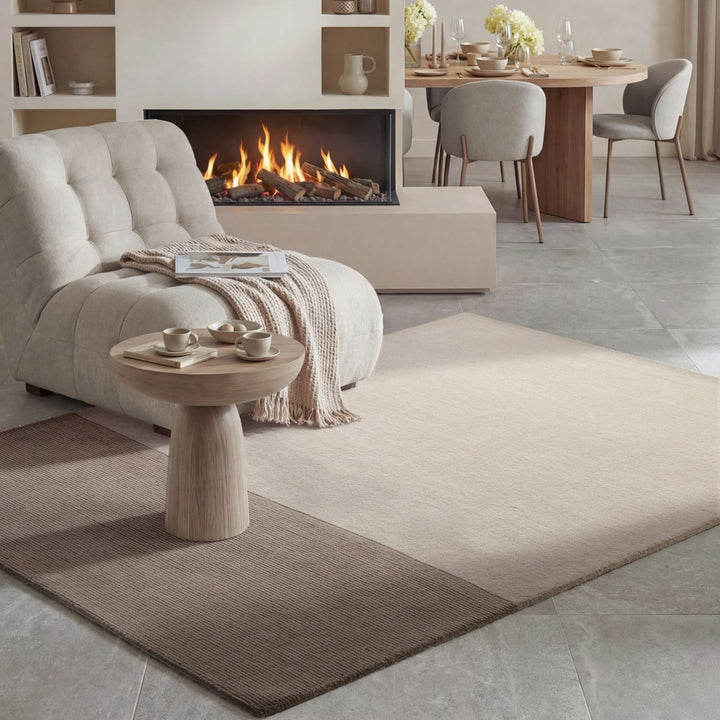 Wool rug, cream beige colours, striped design, cotton backing, hand-crafted, easy care.