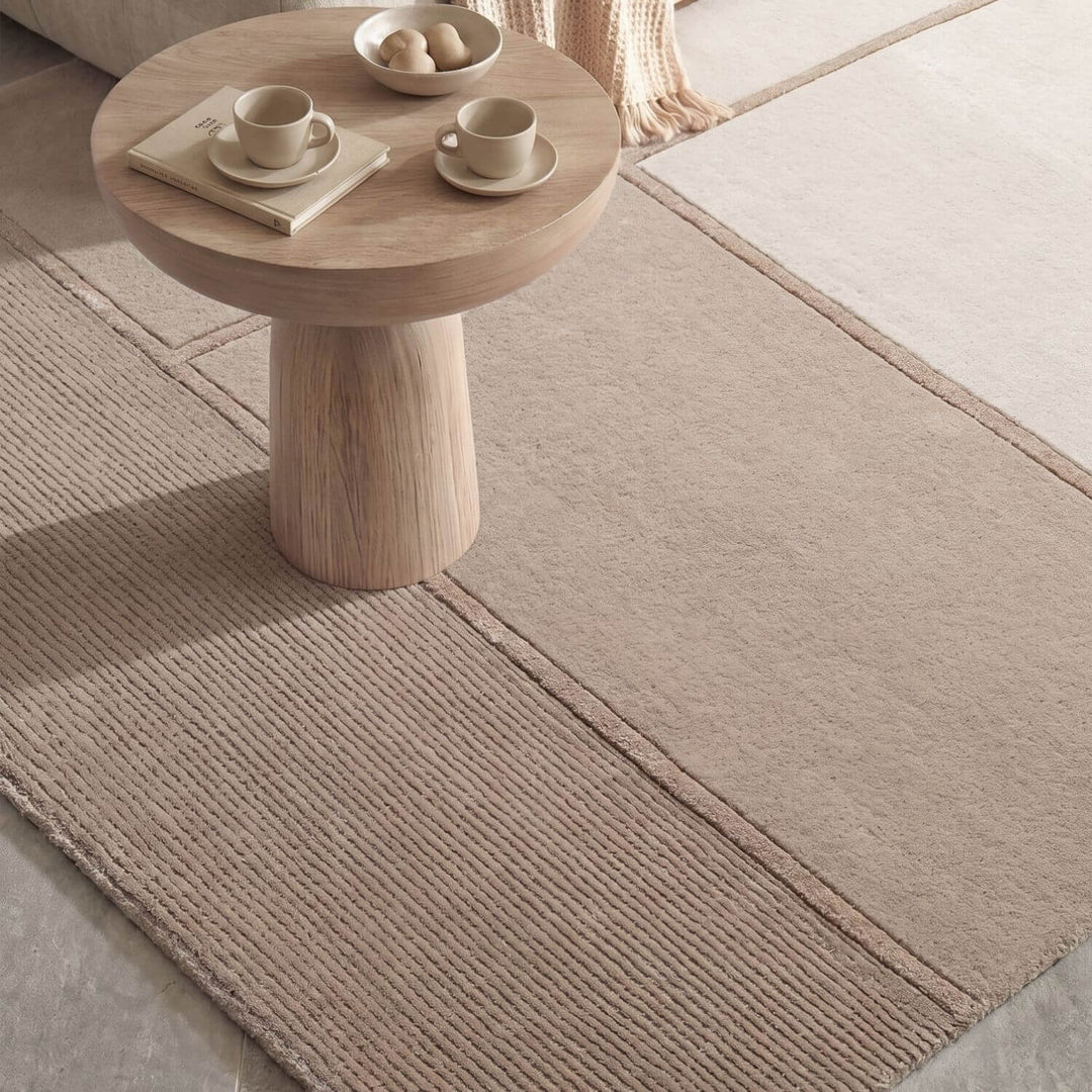 Pure wool rug, cream beige colours, cotton backing, cosy warmth, hand-crafted.