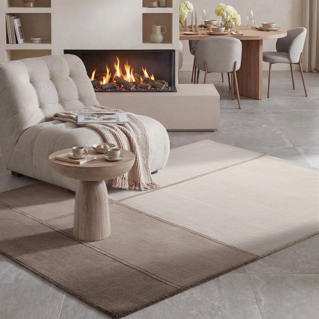Pure wool rug, cream beige colours, cotton backing, cosy warmth, hand-crafted.