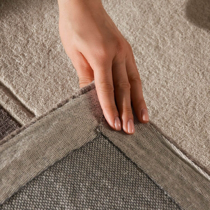 Pure wool rug, cream brown colours, soft durable pile, cotton backing, simple care, ideal for busy homes.