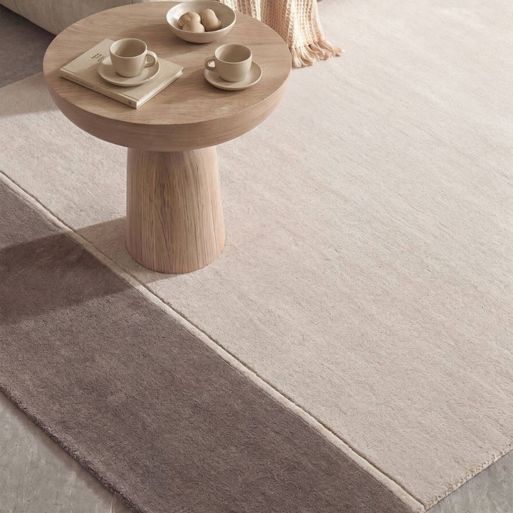 Pure wool rug, cream brown colours, soft durable pile, cotton backing, simple care, ideal for busy homes.