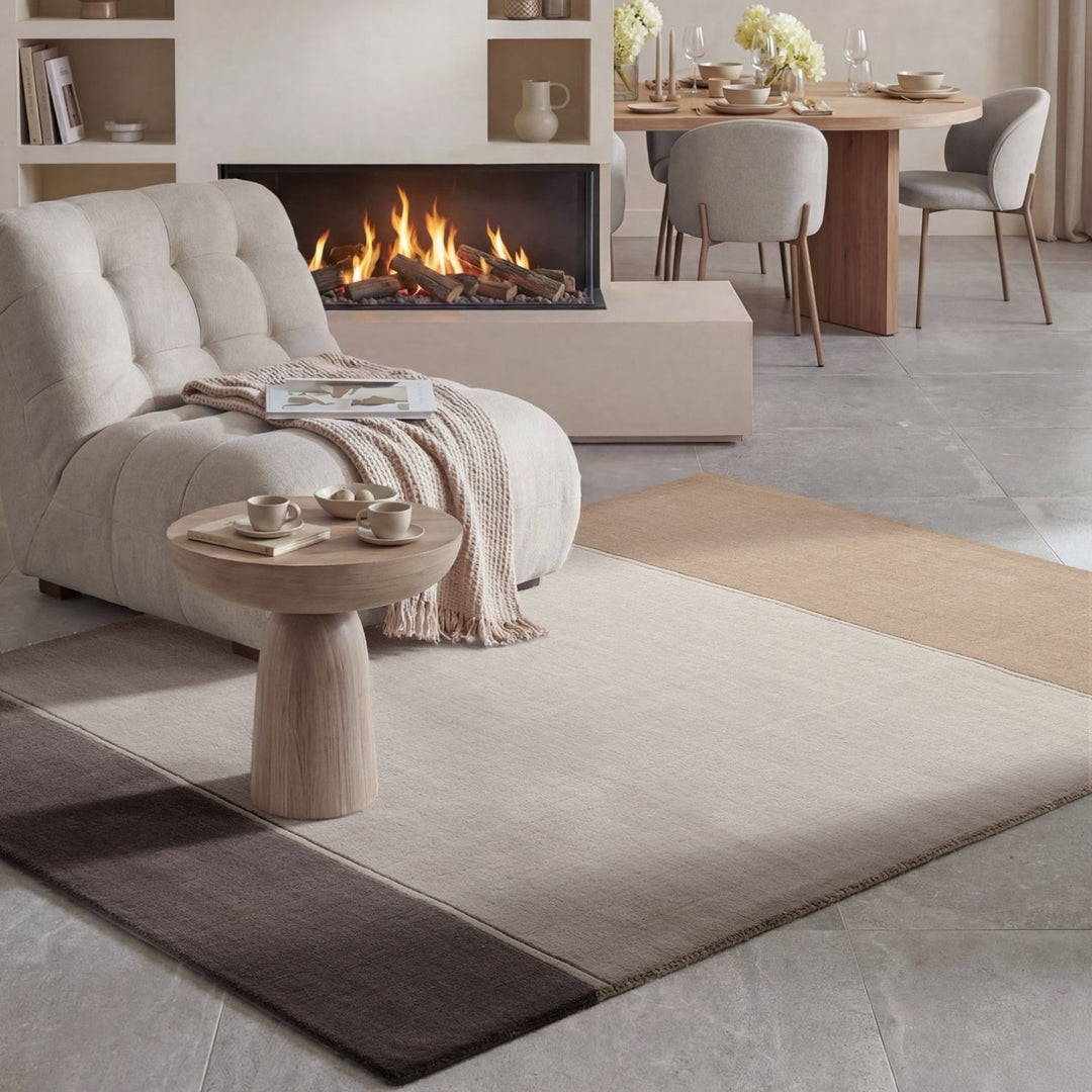 Pure wool rug, cream brown colours, soft durable pile, cotton backing, simple care, ideal for busy homes.