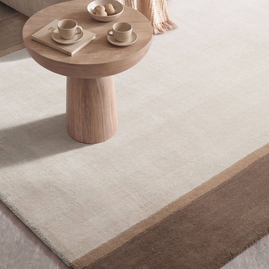 Pure Wool Rug, cream brown colours, cotton backing, everyday simple care, hand-made rug.