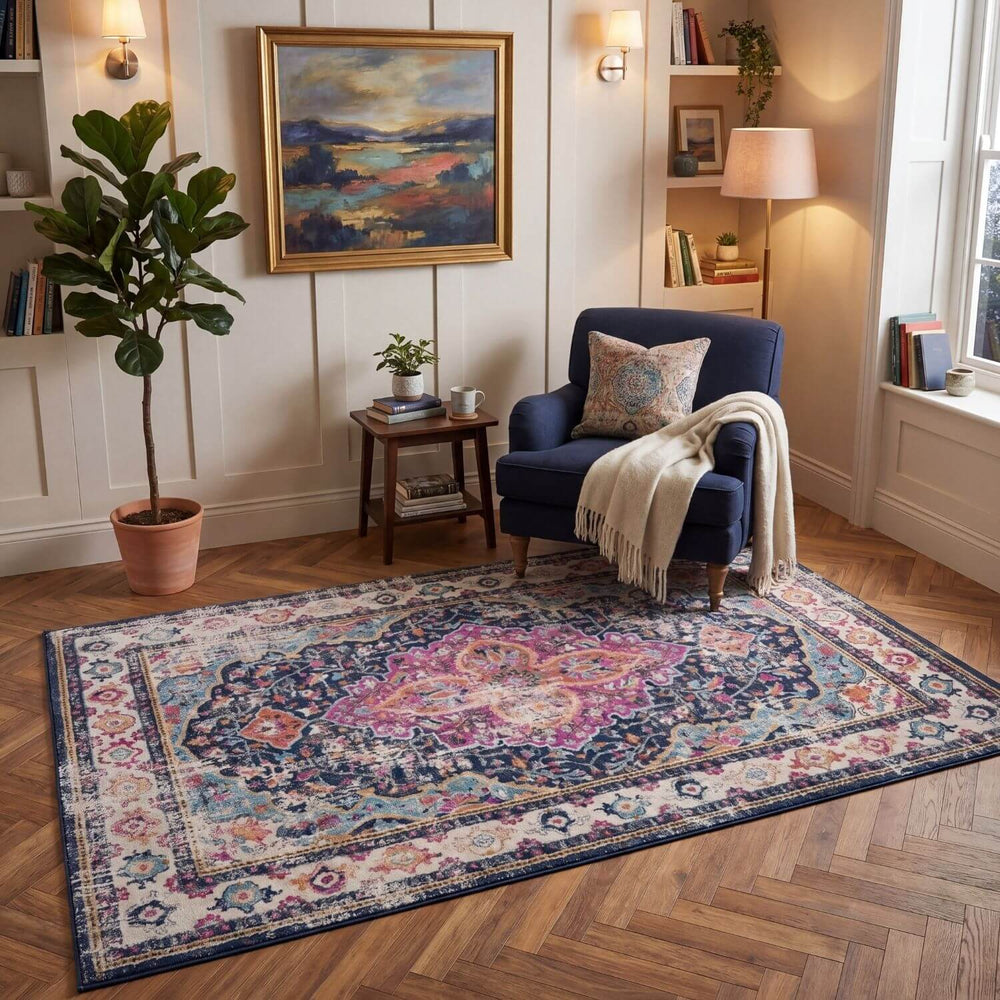 Living room with a blue armchair, patterned rug, and decorative items.