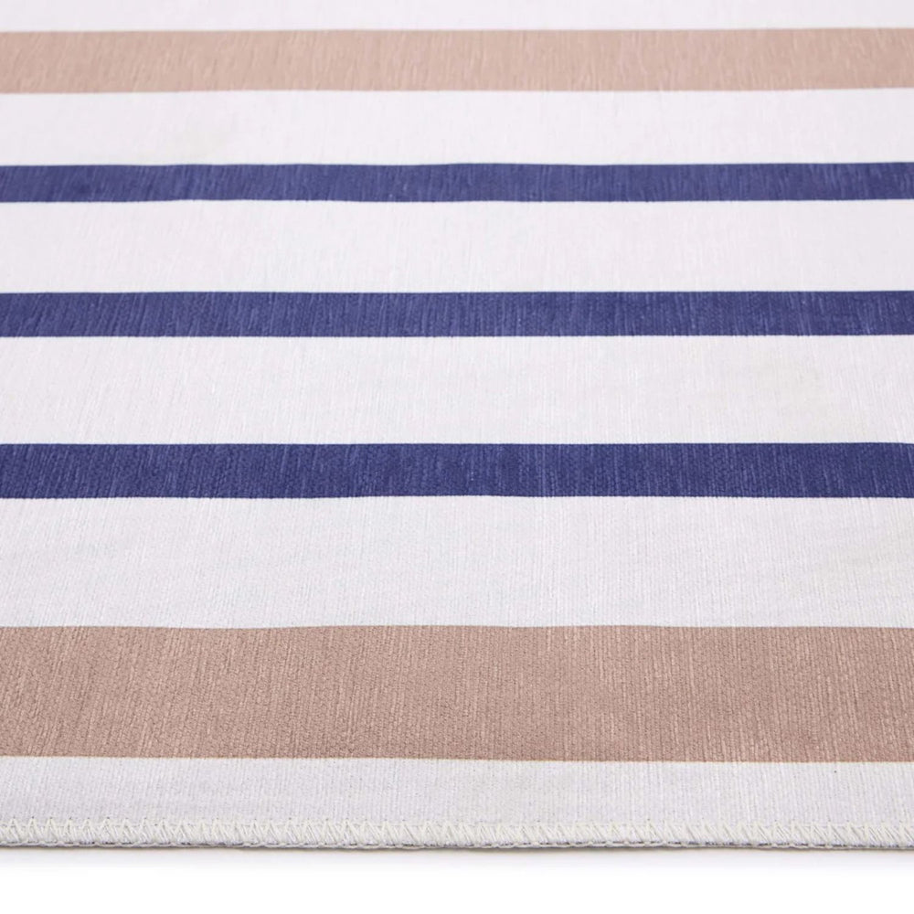 Close-up of a fabric with horizontal stripes in beige, white, and blue.